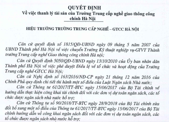 Quyết định về việc thanh lý tài sản của Trường Trung cấp nghề Giao thông công chính Hà Nội